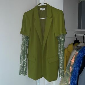 Green Rhinestone Net Sleeve Blazer 💚